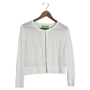 Pappagallo White Eyelet And Knit Open Front Cardigan Size Large
